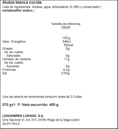 Alubia blanca bajo en sal cocida Luengo 570 g