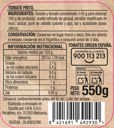 Tomate frito origen nacional sin gluten Alipende 550g