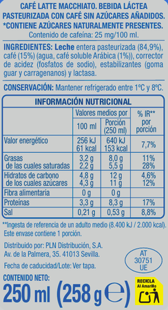 Caf&eacute; latte macchiato sin az&uacute;car a&ntilde;adido Alipende 250 ml