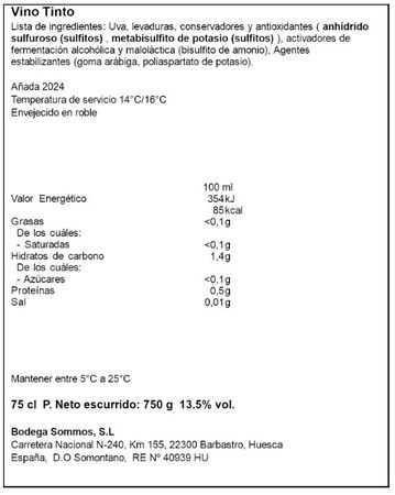 Vino tinto D.O Somontano Sommos Roble 75cl