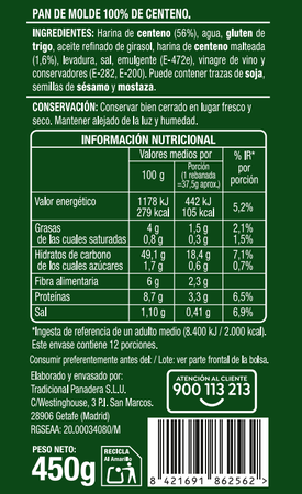 Pan de molde 100% centeno sin lactosa Alipende 450 g