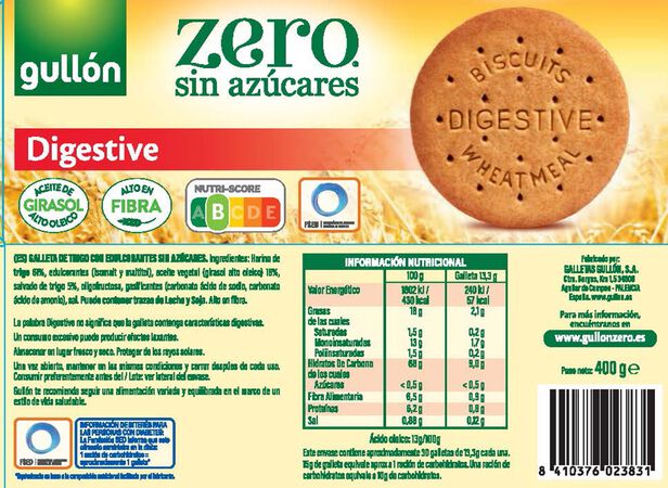 Galleta sin azúcar añadido zero Gullón 400g digestive