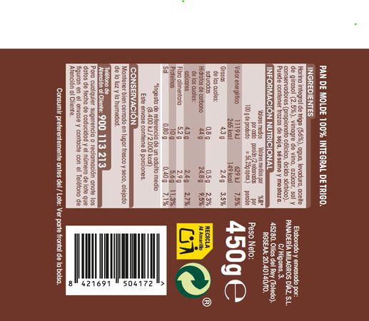 Pan de molde integral sin corteza Alipende 450g