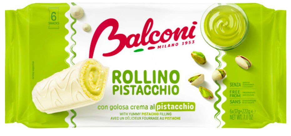 Pastelito rollino cubierto y relleno de crema de pistacho Balconi 222 g