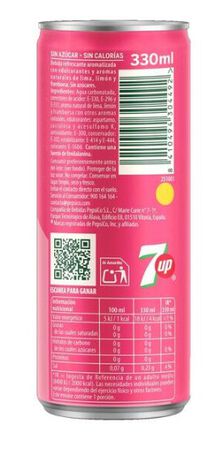 Refresco zero az&uacute;car lima lim&oacute;n y frambuesa Seven Up 33cl Pink