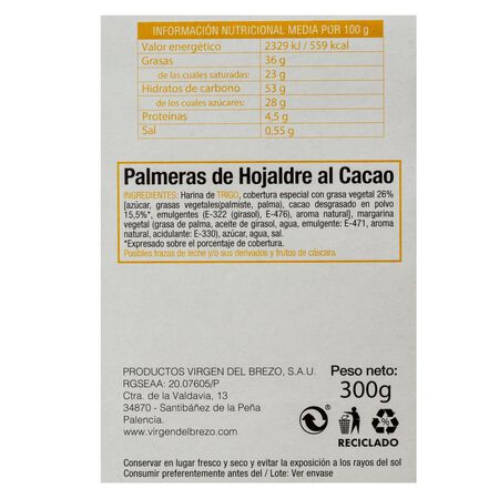 Palmeritas Virgen del Brezo 300g hojaldre cacao