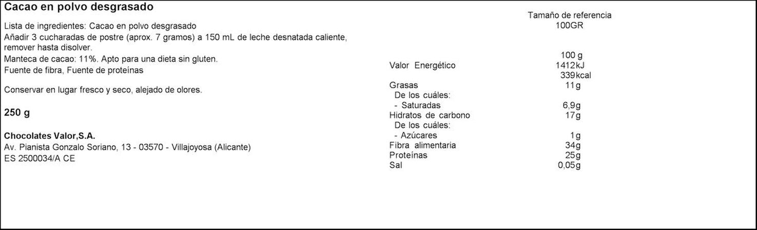 Cacao negro soluble Valor 250g 100%