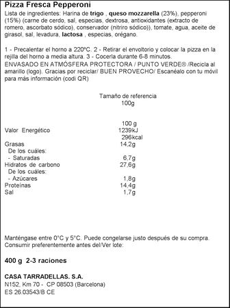 Pizza fresca pepperoni Casa Tarradellas 400 g