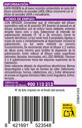 Ambientador autom&aacute;tico Lanta 250ml recambio passion