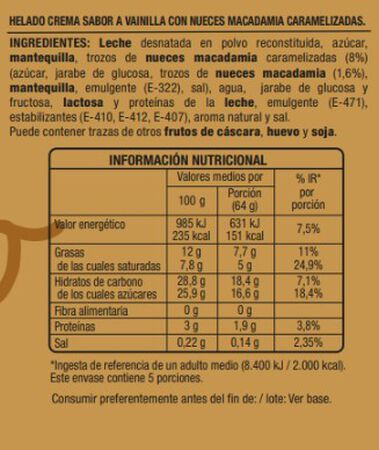 Helado sabor vainilla macadamia Alipende 500ml