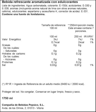 Refresco cola Pepsi zero botella 1,75l lima