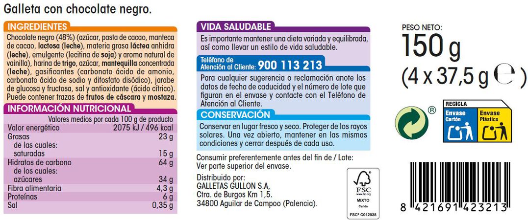 Galletas de chocolate negro tableta Alipende 150g
