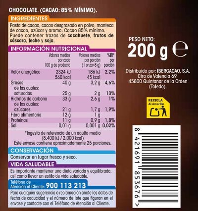Porciones de chocolate negro 85% Alipende 200g