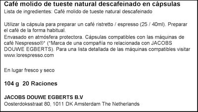 Café descafeinado ristretto intensidad 9 L´or 20 caps.