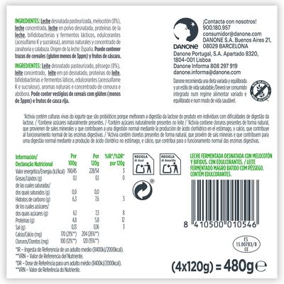B&iacute;fidus probi&oacute;tico Activia desnatado 0% materia grasa pack 4 melocot&oacute;n