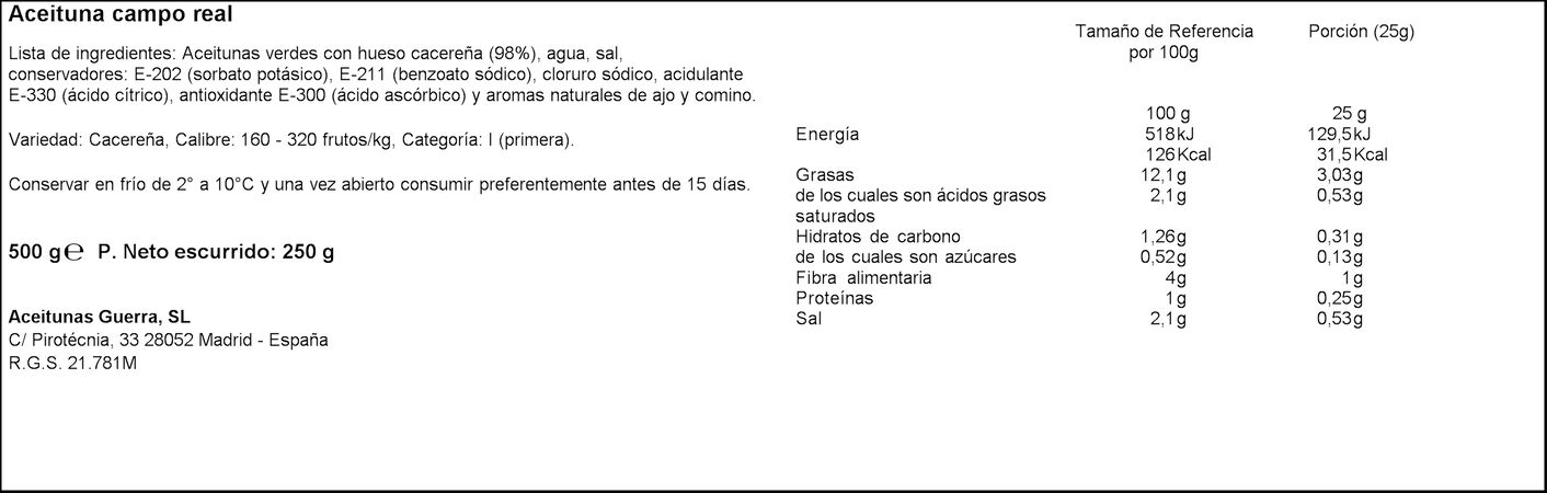 Aceitunas verdes con hueso campo real Guerra 250g