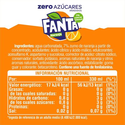 Refresco naranja Fanta lata 33cl zero az&uacute;cares