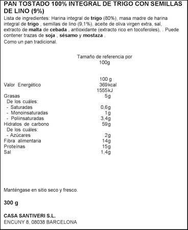 Pan tostado integral Dextrin Santiveri con semilla de lino 300g