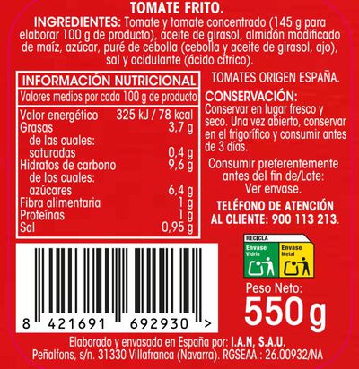 Tomate frito origen nacional sin gluten Alipende 550g