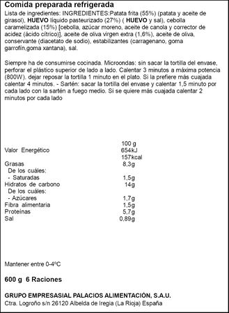 Tortilla de patata con cebolla caramelizada Palacios 600g