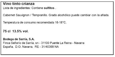 Vino tinto con D.O Navarra crianza Se&ntilde;or&iacute;o de Sarria 75 cl