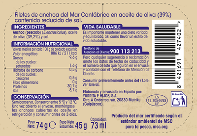 Anchoa Cant&aacute;brico en aceite de oliva Alipende 45g