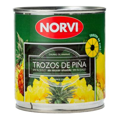 Piña en su jugo sin azucar añadido Norvi 270g en trozos