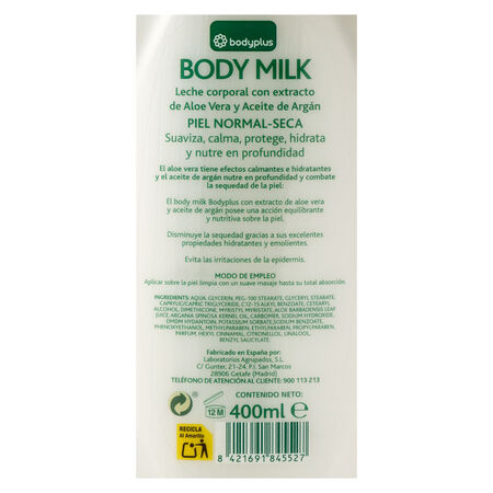 Body milk Bodyplus 400ml con aloe vera y aceite de argán