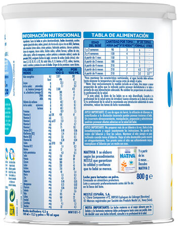 Leche infantil en polvo Nativa 1 Nestl&eacute; 800g