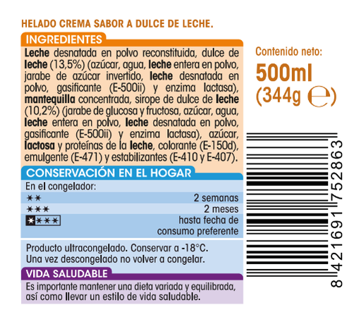 Helado en tarrina premium Alipende 500ml dulce de leche
