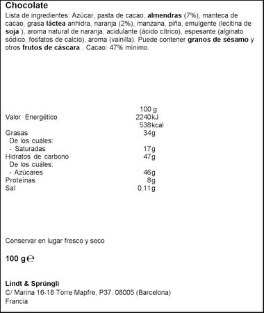Chocolate negro Lindt excellence 100g naranja