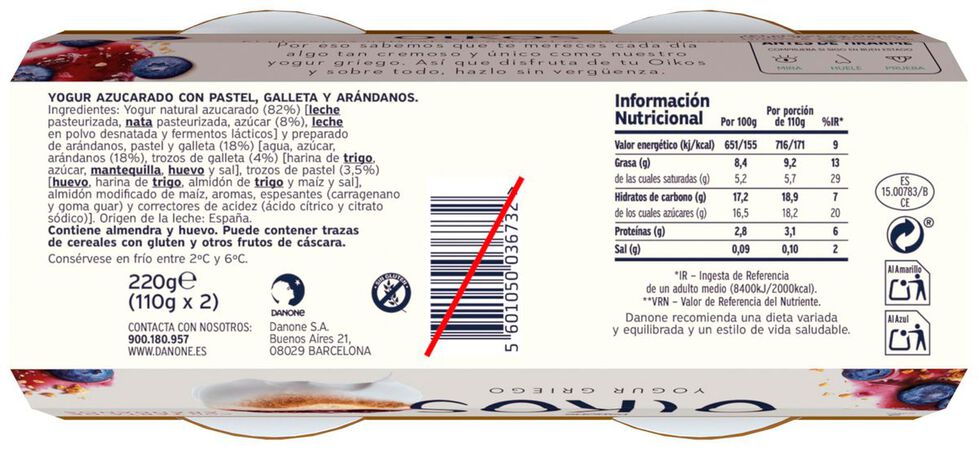 Yogur estilo griego Oikos pack 2 tarta de arándanos