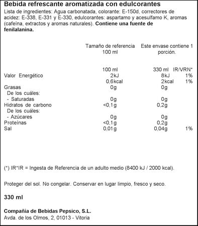 Refresco cola Pepsi zero lata 33cl