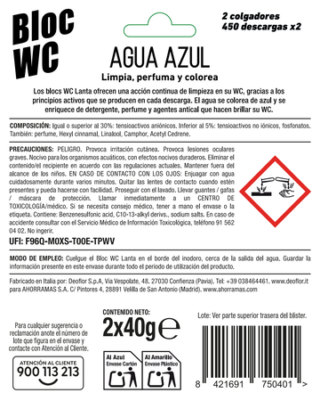 Bloc wc con acci&oacute;n continua de limpieza que limpia perfuma y colorea Lanta 2x40 g