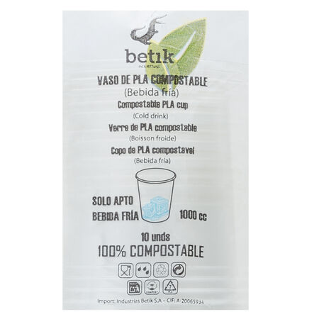 Vasos de plástico Betik 10 uds 1000cc compostables