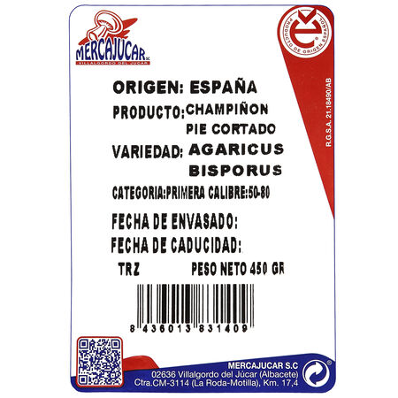 Champiñón cortado bandeja 450g