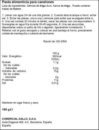 Placa para canelones en paquetes de 20 unidades Gallo