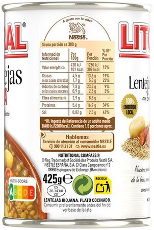 Lenteja riojana Litoral 425g con ingredientes naturales