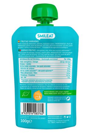 Alimento infantil preparado de frutas ecol&oacute;gico sin gluten Smileat 100g frutas variadas