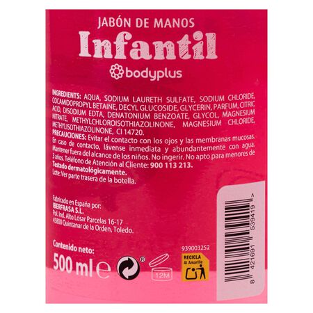Jabón de manos con dosificador Bodyplus 500ml infantil