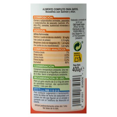 Alimento completo para gatos con salm&oacute;n y at&uacute;n Meque 400g