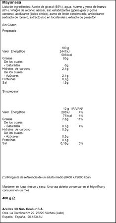 Mayonesa con textura cremosa Coosur 430 ml