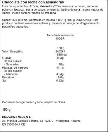 Chocolate con almendras s/gluten s/lactosa Valor 150g