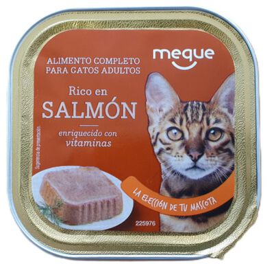 Comida h&uacute;meda gato Meque tarrina rico en salm&oacute;n 100g