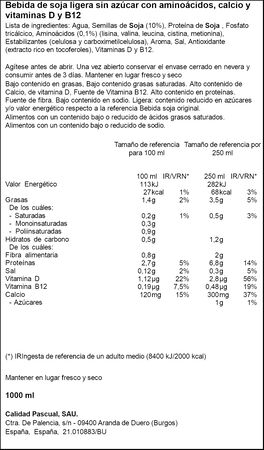 Bebida de soja ligera sin az&uacute;car con amino&aacute;cidos, calcio y vitaminas D y B12 1L