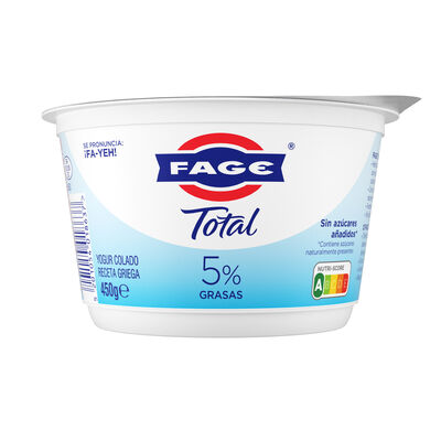 Yogur colado sin az&uacute;car a&ntilde;adido receta griega Fage 5% materia grasa 450g