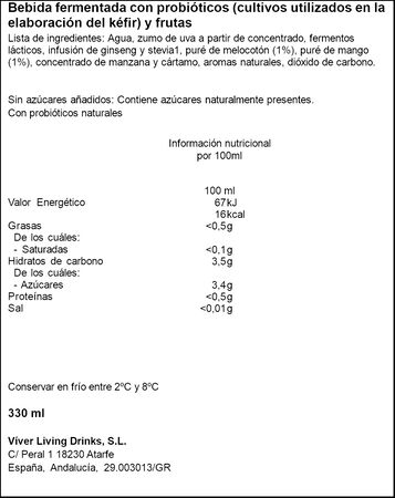 Bebida de melocot&oacute;n y mango con probi&oacute;ticos Viver kefrutas 330ml