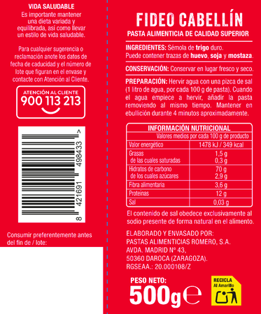 Fideo Alipende 500g cabell&iacute;n