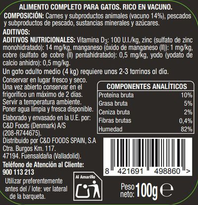 Comida h&uacute;meda gato Meque tarrina rico en vacuno 100g