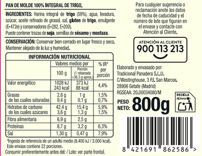 Pan de molde 100% integral sin lactosa Alipende 800g